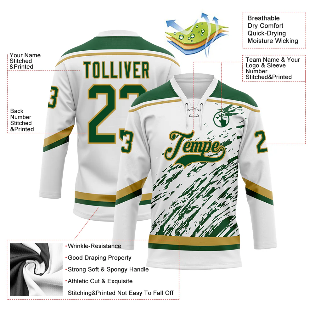 Custom White Green-Old Gold 3D Splash Art Hockey Lace Neck Jersey