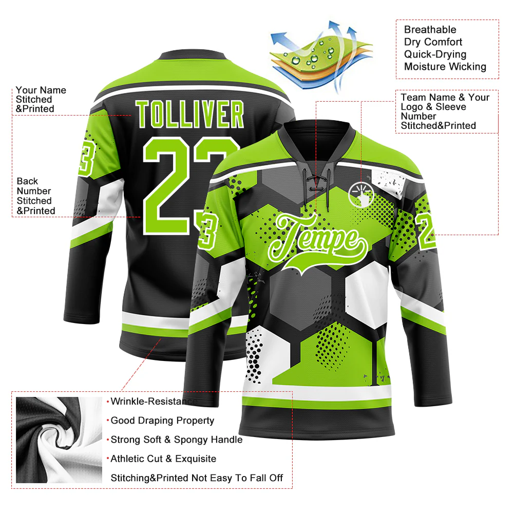 Custom Neon Green Black-White 3D Pattern Geometric Shape Hockey Lace Neck Jersey