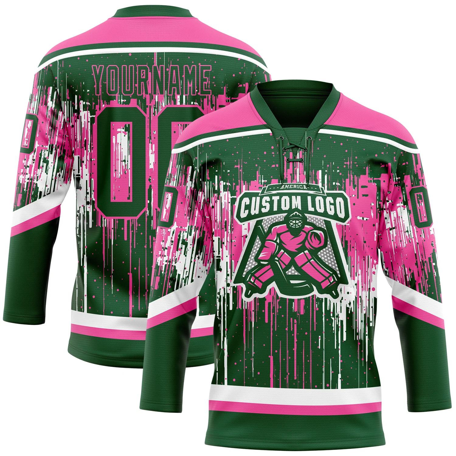 Custom Green Pink-White 3D Pattern Dripping Splatter Hockey Lace Neck Jersey