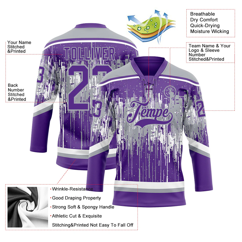 Custom Purple Gray-White 3D Pattern Dripping Splatter Hockey Lace Neck Jersey