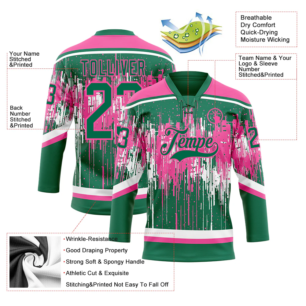Custom Kelly Green Pink-White 3D Pattern Dripping Splatter Hockey Lace Neck Jersey