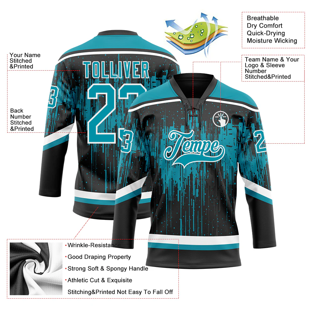 Custom Black Teal Steel Gray-White 3D Pattern Dripping Splatter Hockey Lace Neck Jersey
