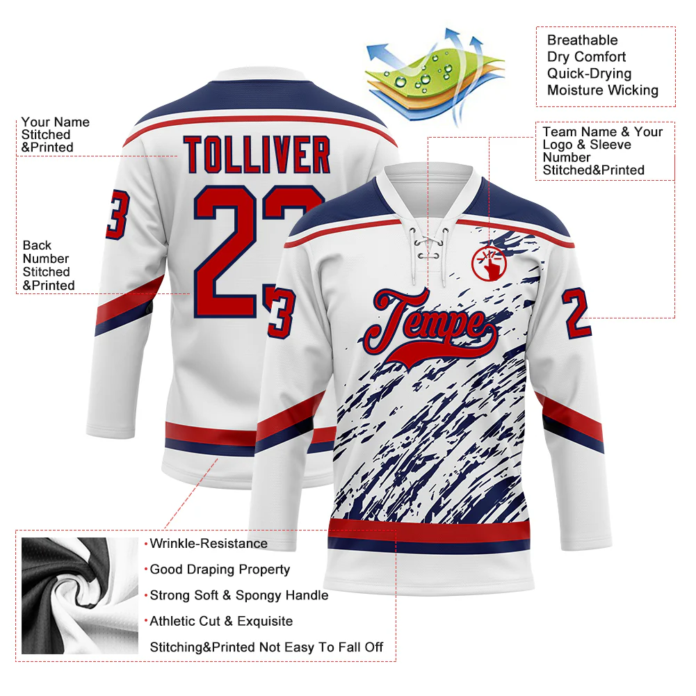 Custom White Red-Navy 3D Splash Art Hockey Lace Neck Jersey