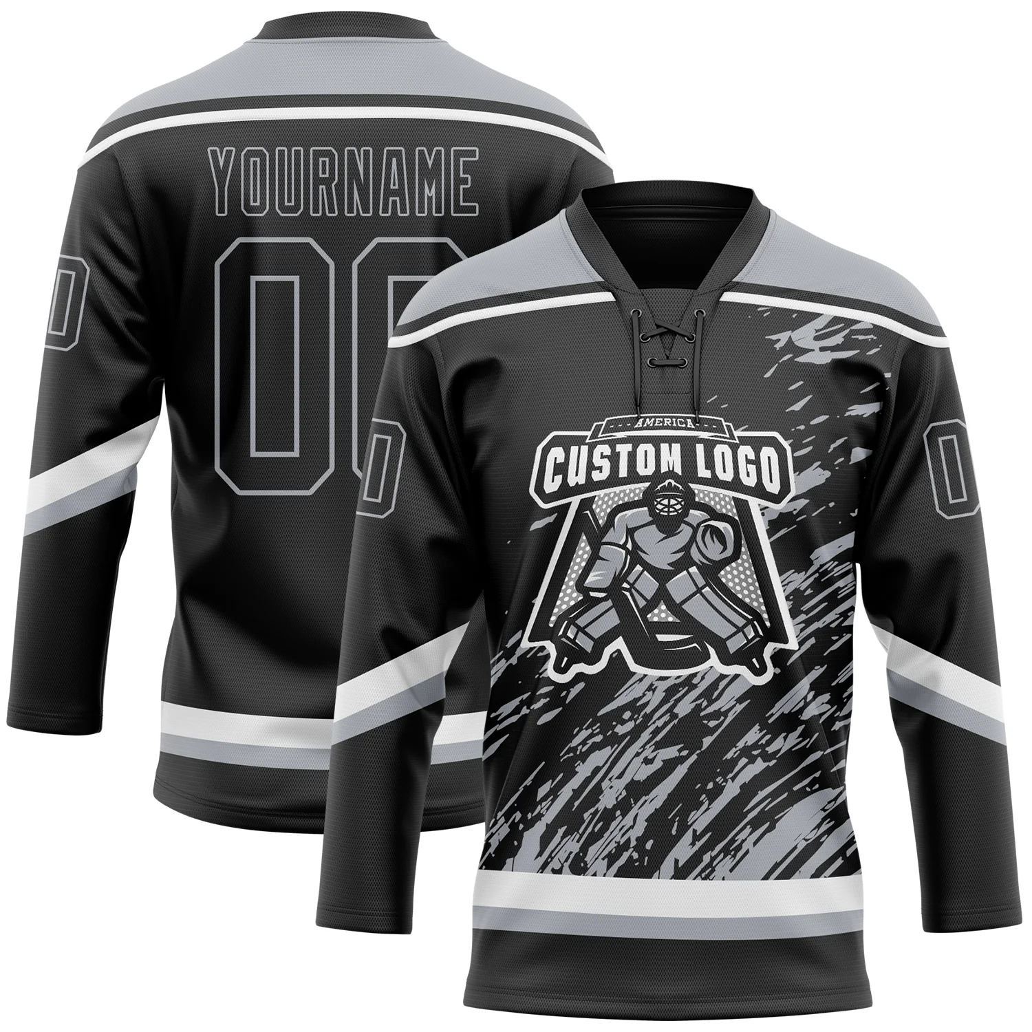 Custom Black Gray-White 3D Splash Art Hockey Lace Neck Jersey