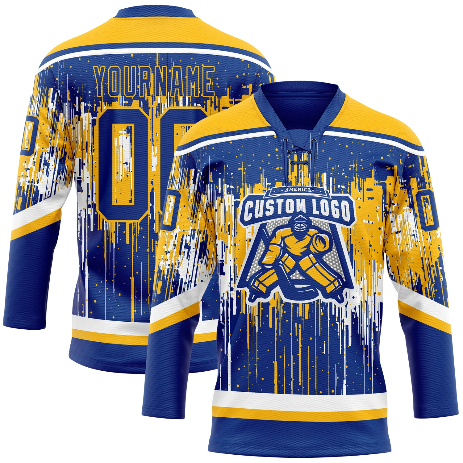 Custom Royal Gold-White 3D Pattern Dripping Splatter Hockey Lace Neck Jersey