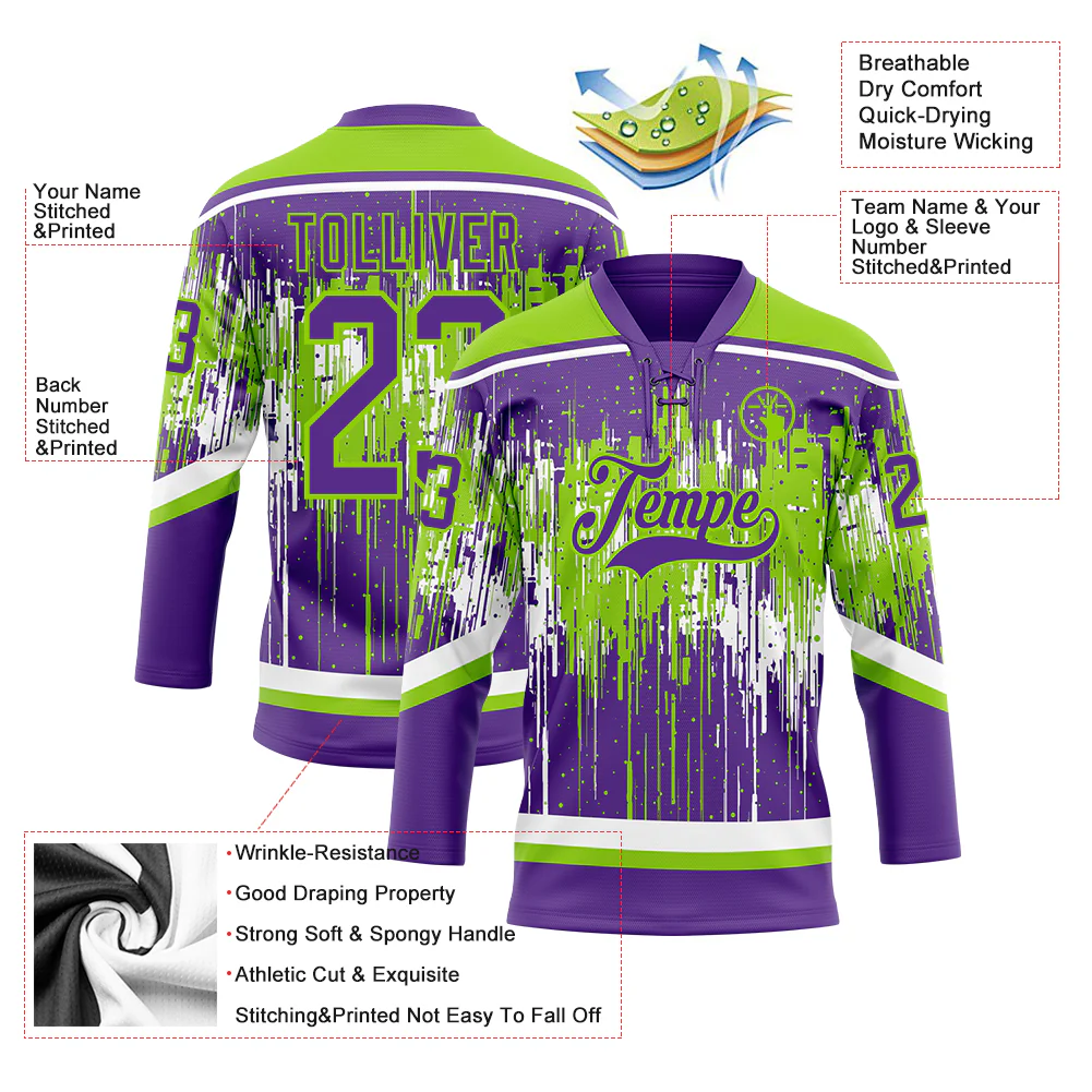 Custom Purple Neon Green-White 3D Pattern Dripping Splatter Hockey Lace Neck Jersey