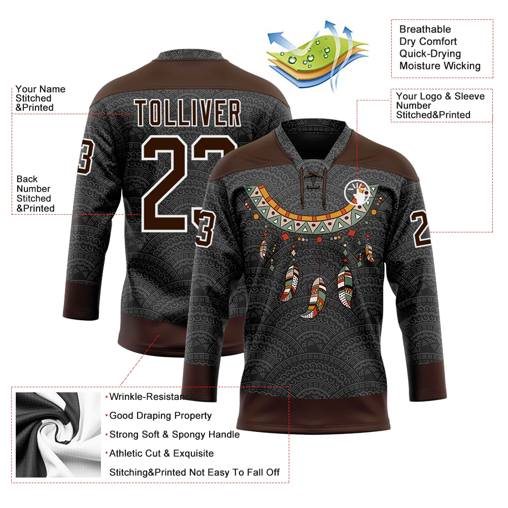 Custom Black Brown-White 3D Pattern Native Americans Tribal Indigenous People Hockey Lace Neck Jersey