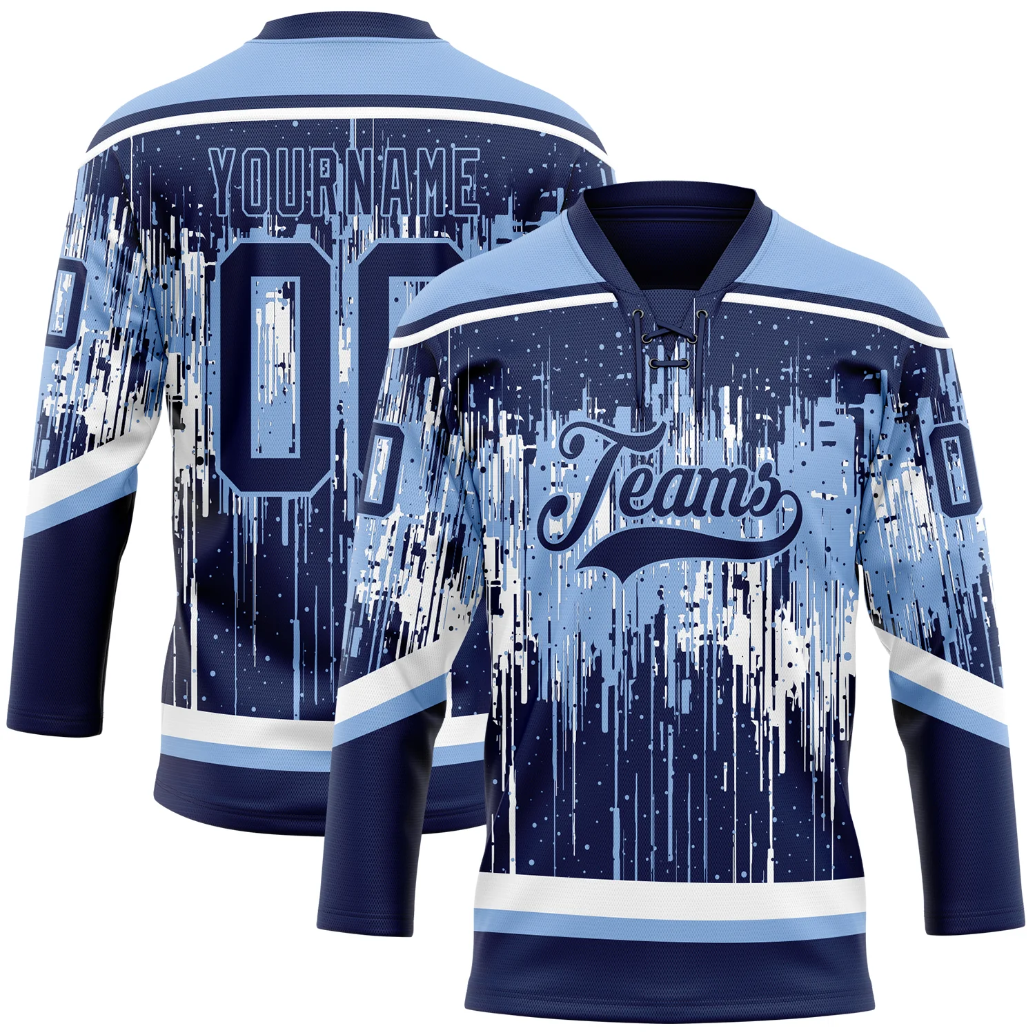 Custom Navy Light Blue-White 3D Pattern Dripping Splatter Hockey Lace Neck Jersey