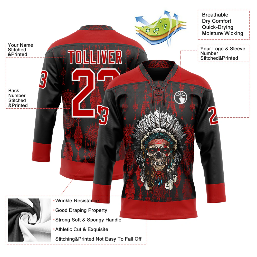 Custom Black Red-White 3D Pattern Native Americans Tribal Indigenous People Hockey Lace Neck Jersey