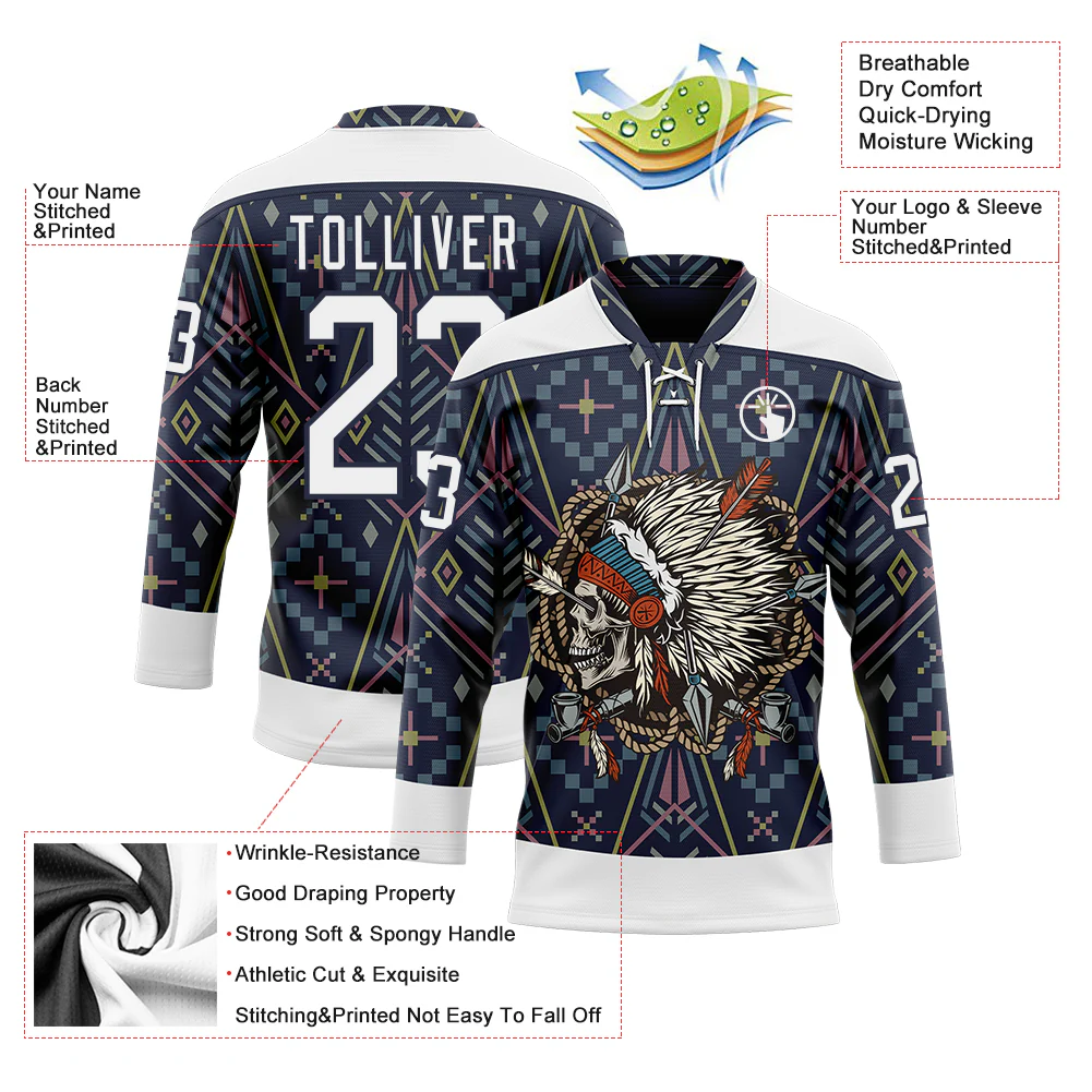 Custom Navy White 3D Pattern Native Americans Tribal Indigenous People Hockey Lace Neck Jersey