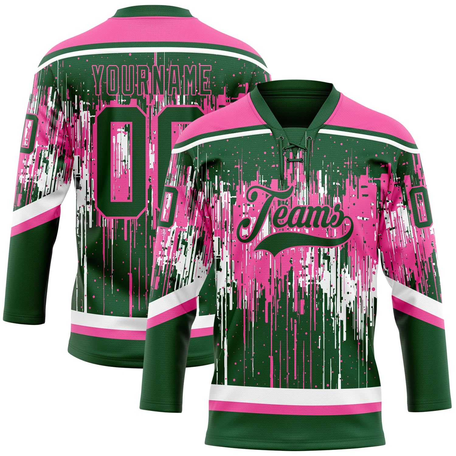 Custom Green Pink-White 3D Pattern Dripping Splatter Hockey Lace Neck Jersey