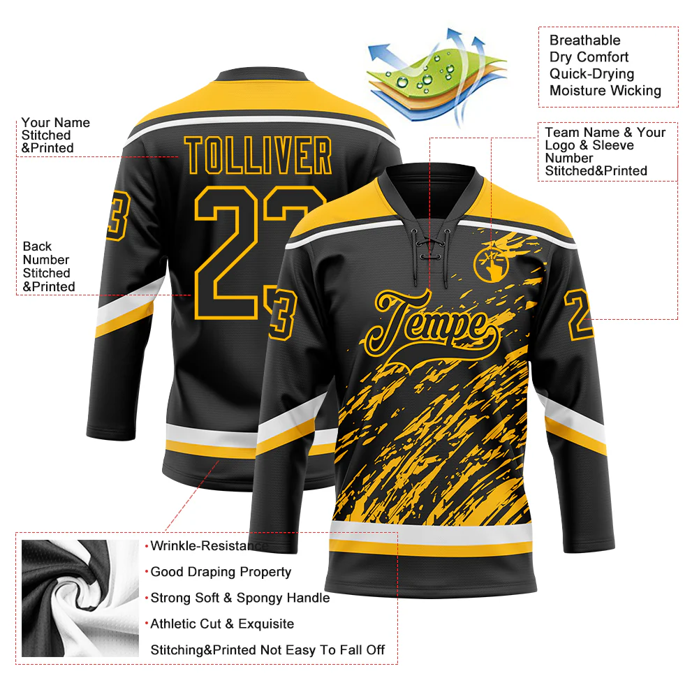 Custom Black Gold-White 3D Splash Art Hockey Lace Neck Jersey