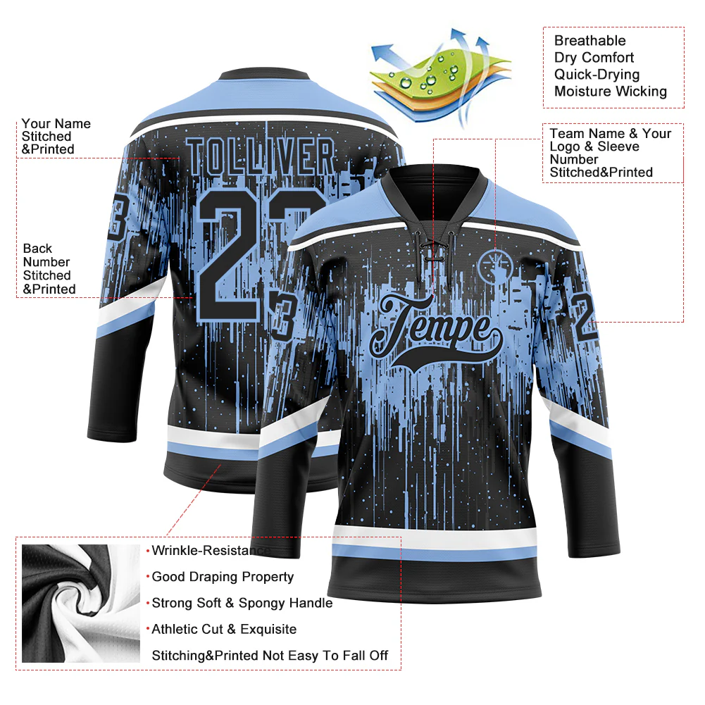 Custom Black Light Blue Steel Gray-White 3D Pattern Dripping Splatter Hockey Lace Neck Jersey