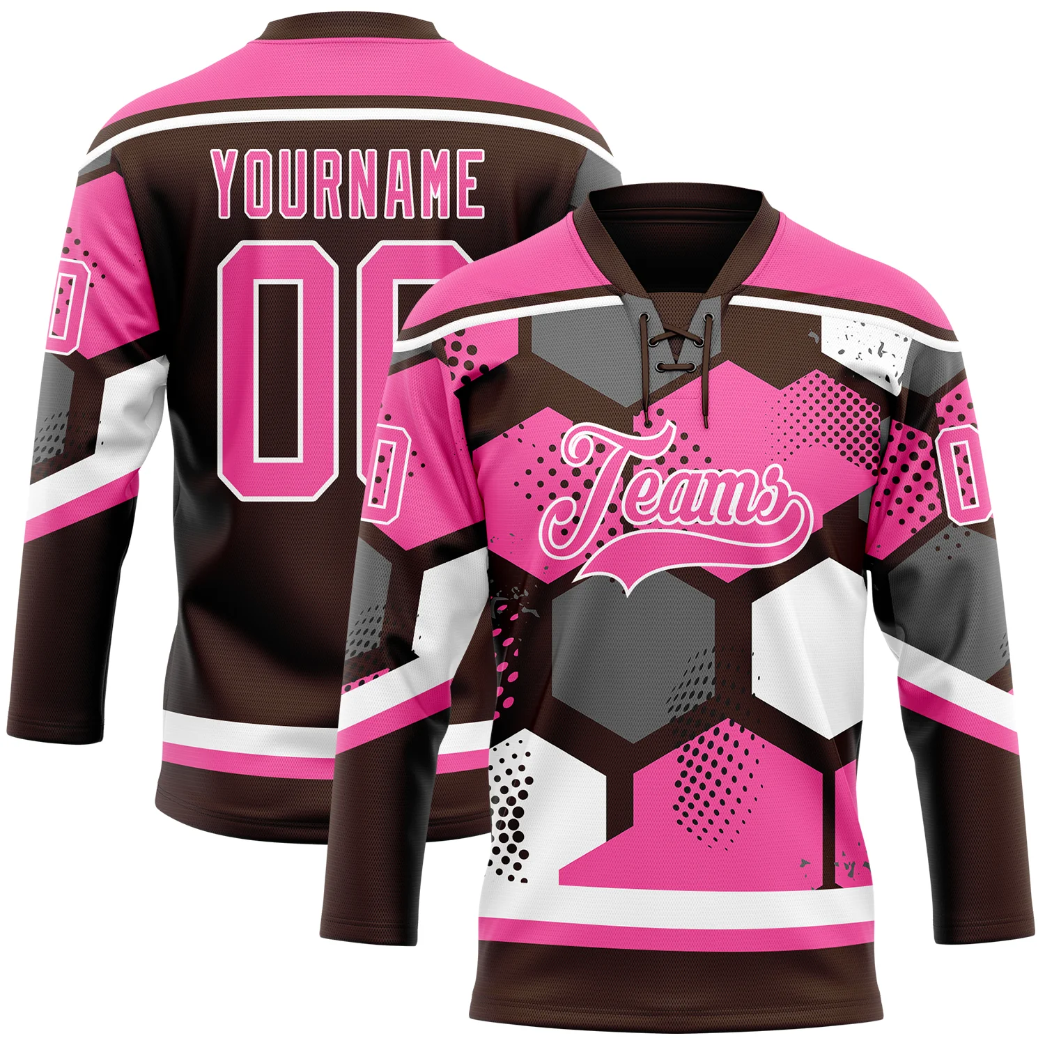 Custom Pink Brown-White 3D Pattern Geometric Shape Hockey Lace Neck Jersey