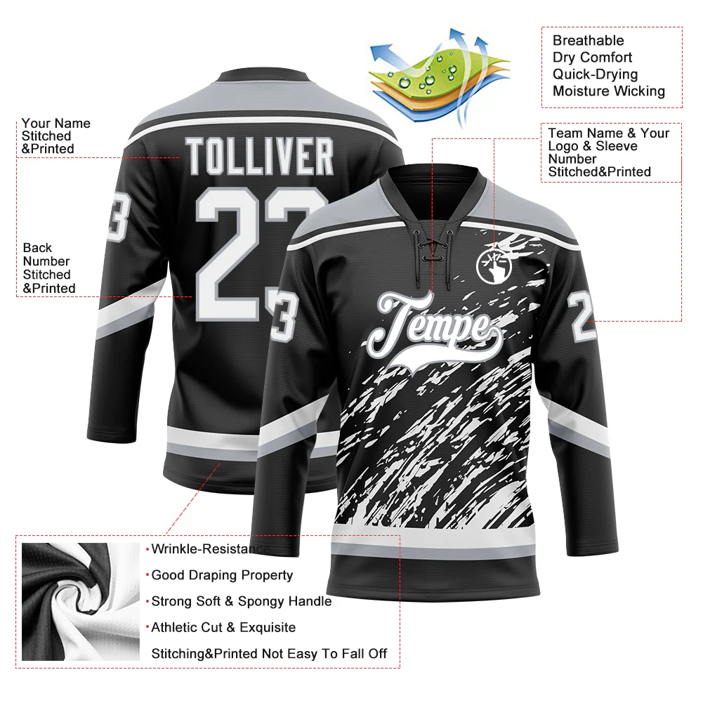 Custom Black White-Gray 3D Splash Art Hockey Lace Neck Jersey