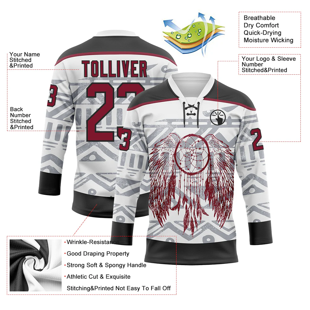 Custom White Crimson-Black 3D Pattern Native Americans Tribal Indigenous People Hockey Lace Neck Jersey