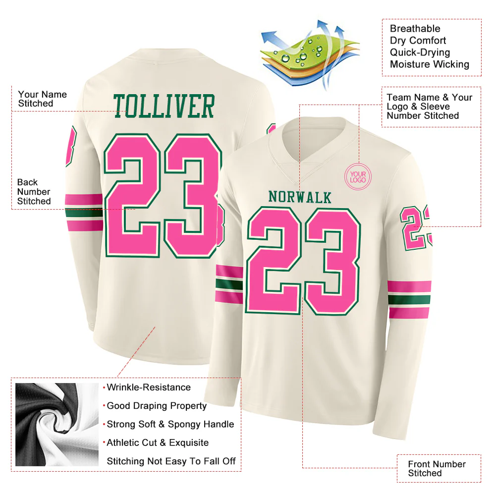 Custom Cream Pink-Kelly Green Long Sleeve Authentic Football Jersey