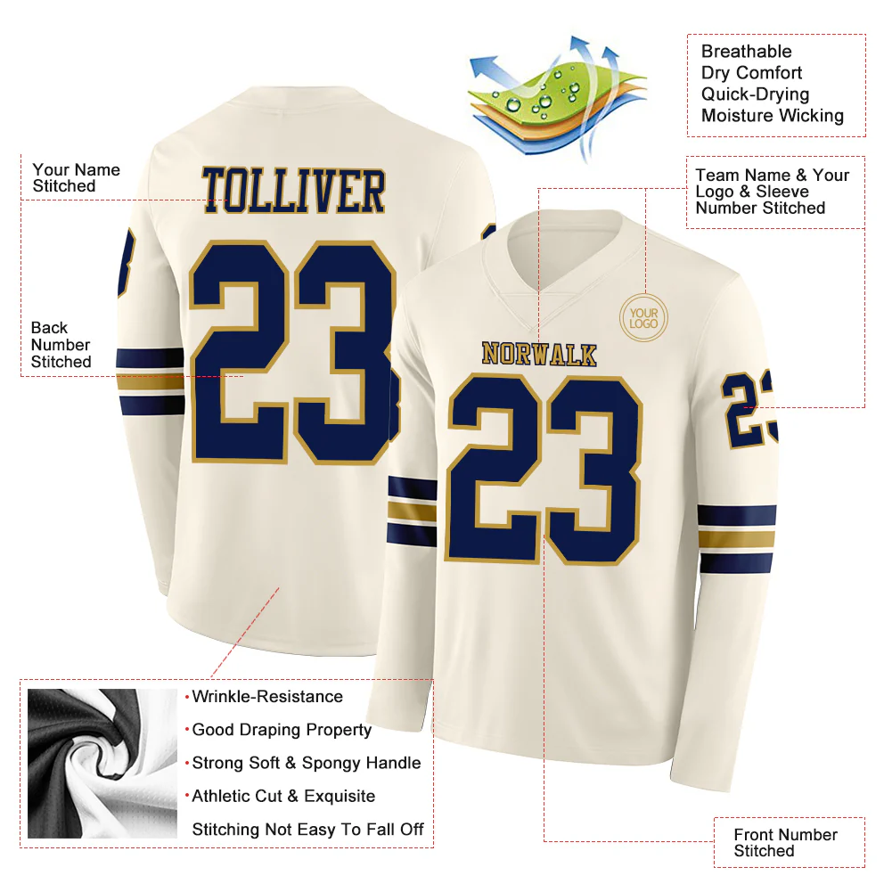 Custom Cream Navy-Old Gold Long Sleeve Authentic Football Jersey