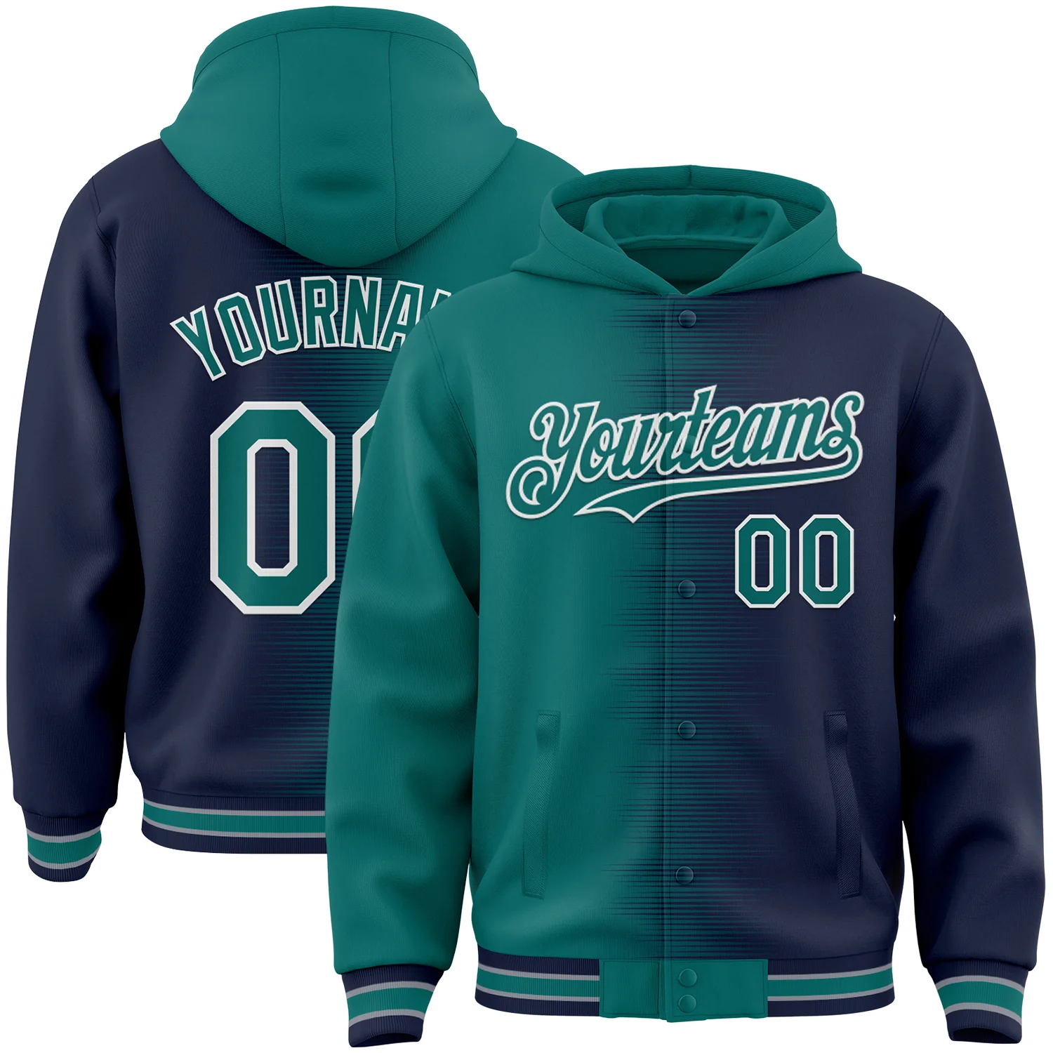 Custom Teal Navy-White Gradient Line Bomber Full-Snap Varsity Letterman Hoodie Jacket
