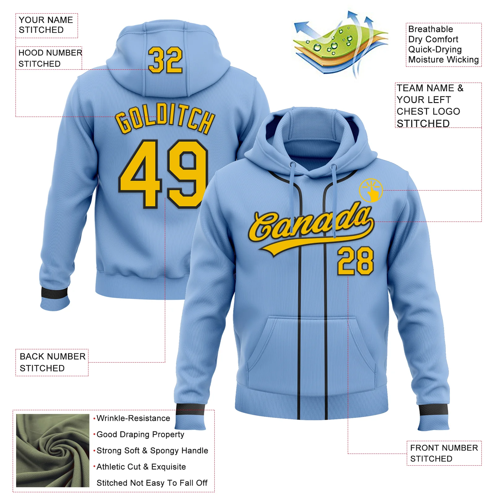 Custom Stitched Light Blue Yellow-Black Baseball Pullover Sweatshirt Hoodie