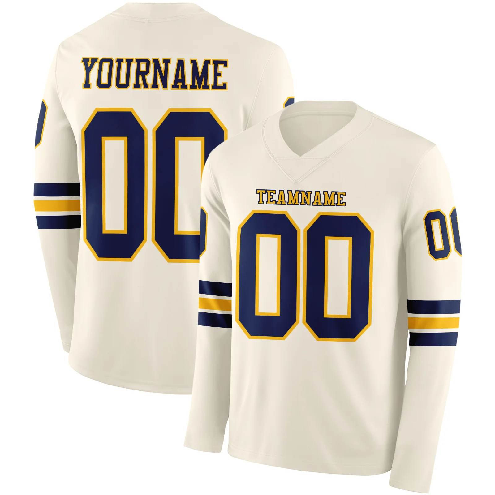 Custom Cream Navy-Gold Long Sleeve Authentic Football Jersey