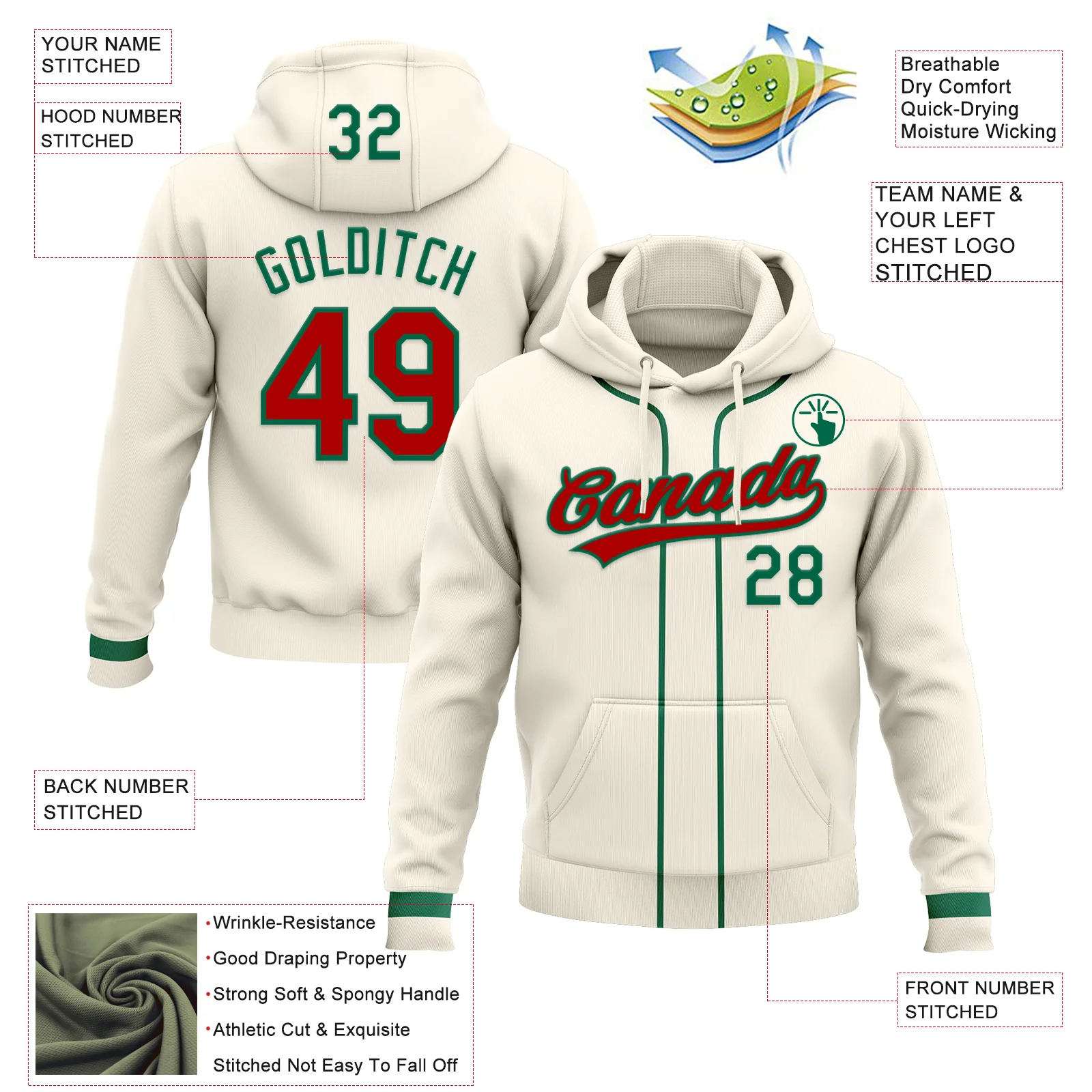 Custom Stitched Cream Red-Kelly Green Baseball Pullover Sweatshirt Hoodie