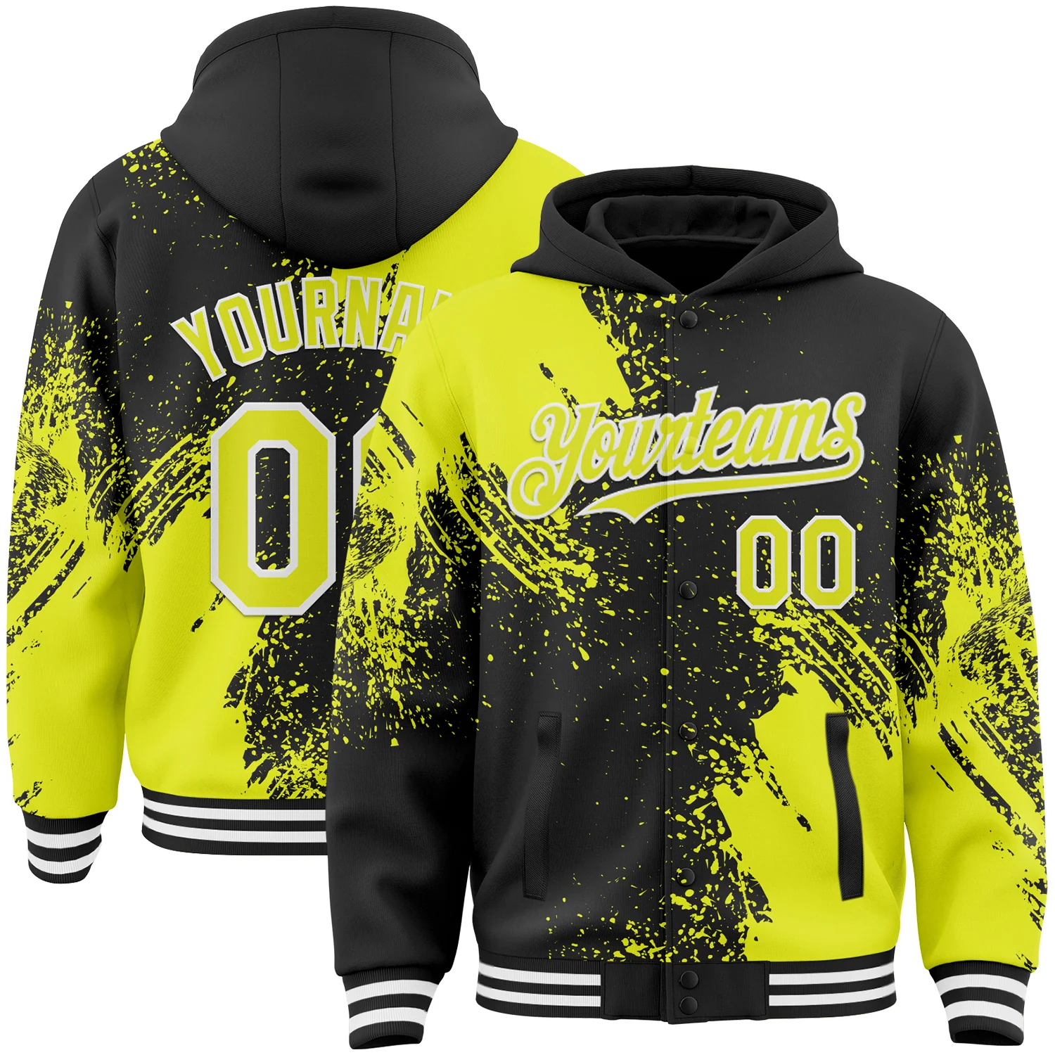 Custom Black Neon Yellow-White Abstract Brush Stroke 3D Pattern Design Bomber Full-Snap Varsity Letterman Hoodie Jacket