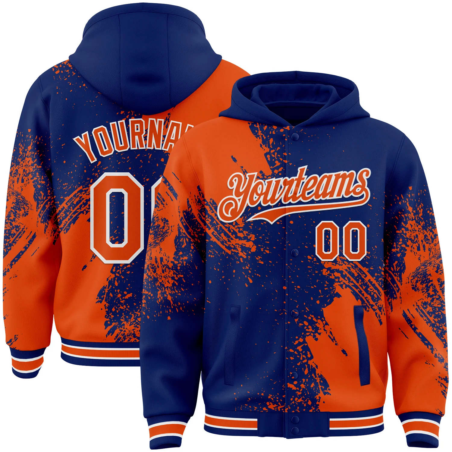 Custom Royal Orange-White Abstract Brush Stroke 3D Pattern Design Bomber Full-Snap Varsity Letterman Hoodie Jacket