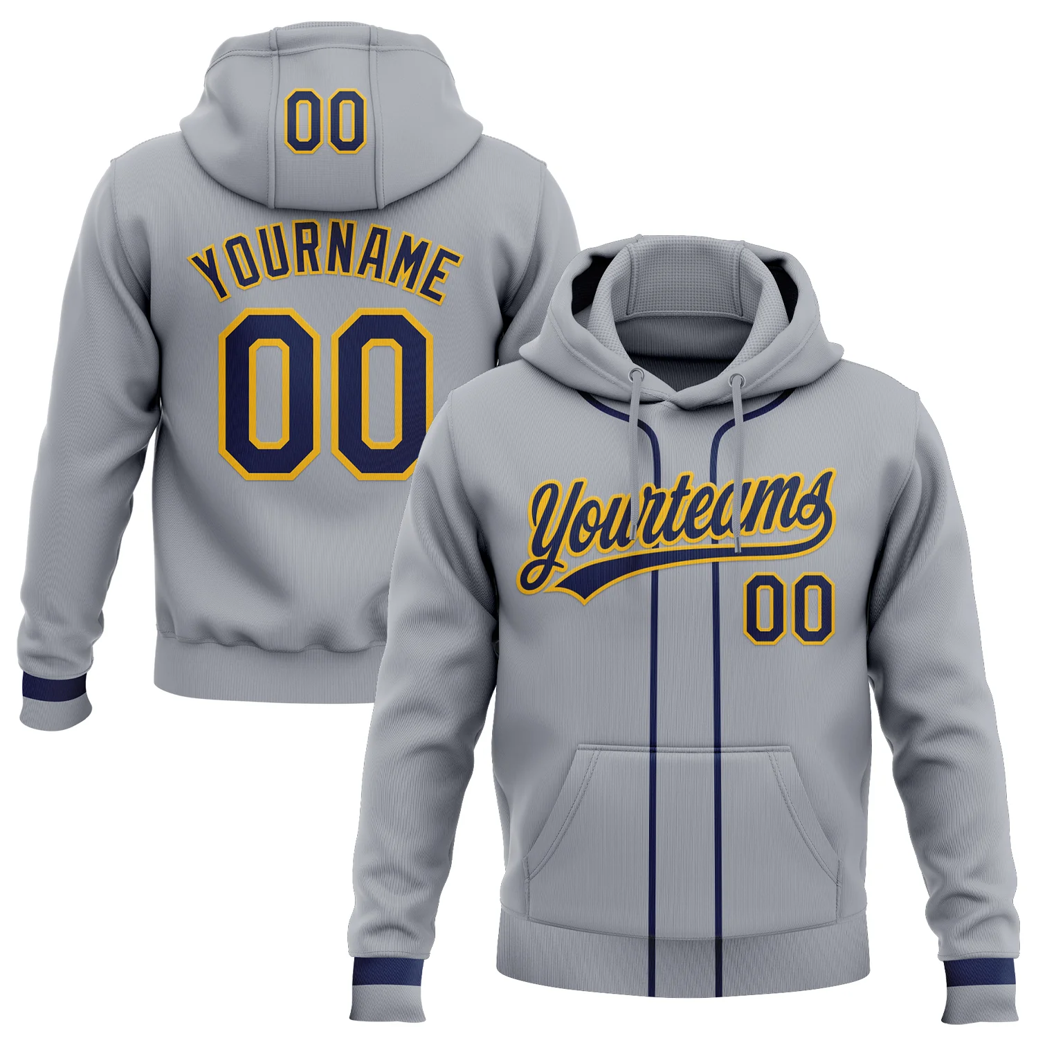 Custom Stitched Gray Navy-Gold Baseball Pullover Sweatshirt Hoodie