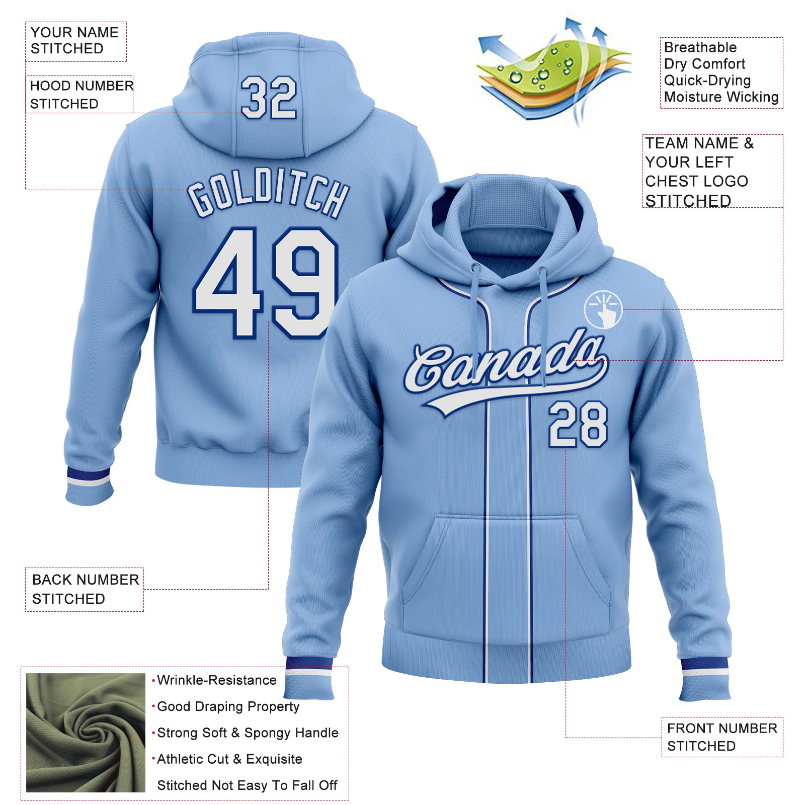 Custom Stitched Light Blue White-Royal Baseball Pullover Sweatshirt Hoodie