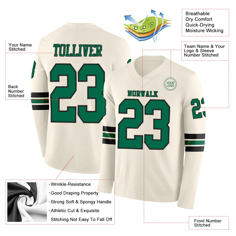 Custom Cream Kelly Green-Black Long Sleeve Authentic Football Jersey