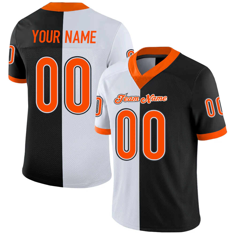 Custom Black Orange-White Split Fashion Football Jersey