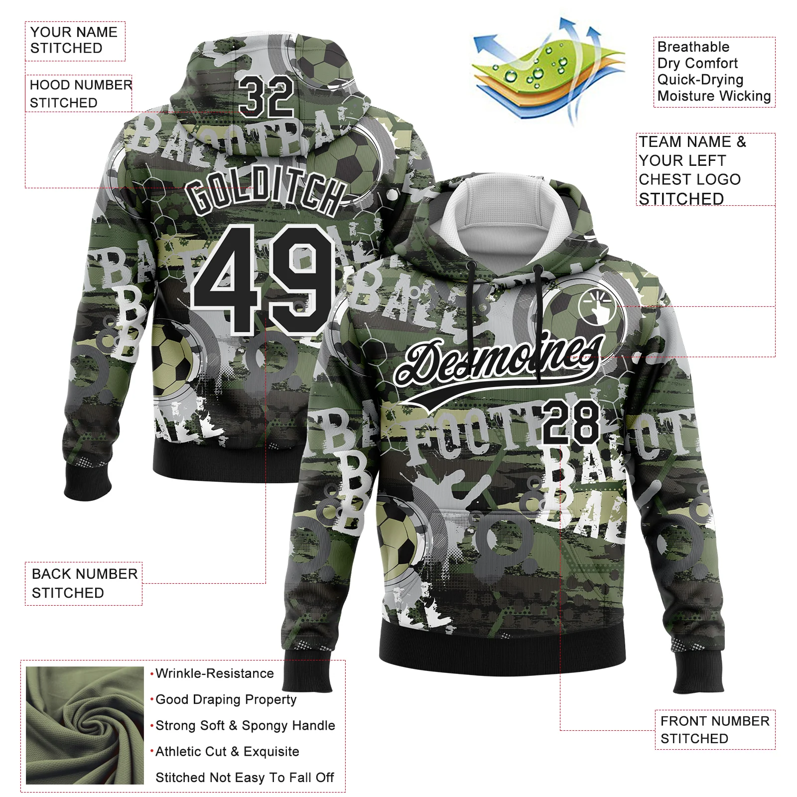 Custom Stitched Camo Black-White 3D Football Sports Pullover Sweatshirt Salute To Service Hoodie