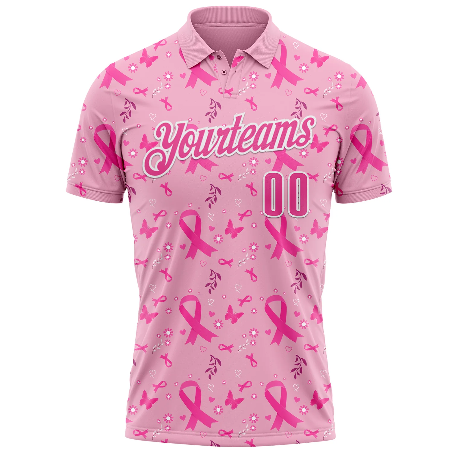 Custom Light Pink Pink-White 3D Pink Ribbon Breast Cancer Awareness Performance Polo Shirt