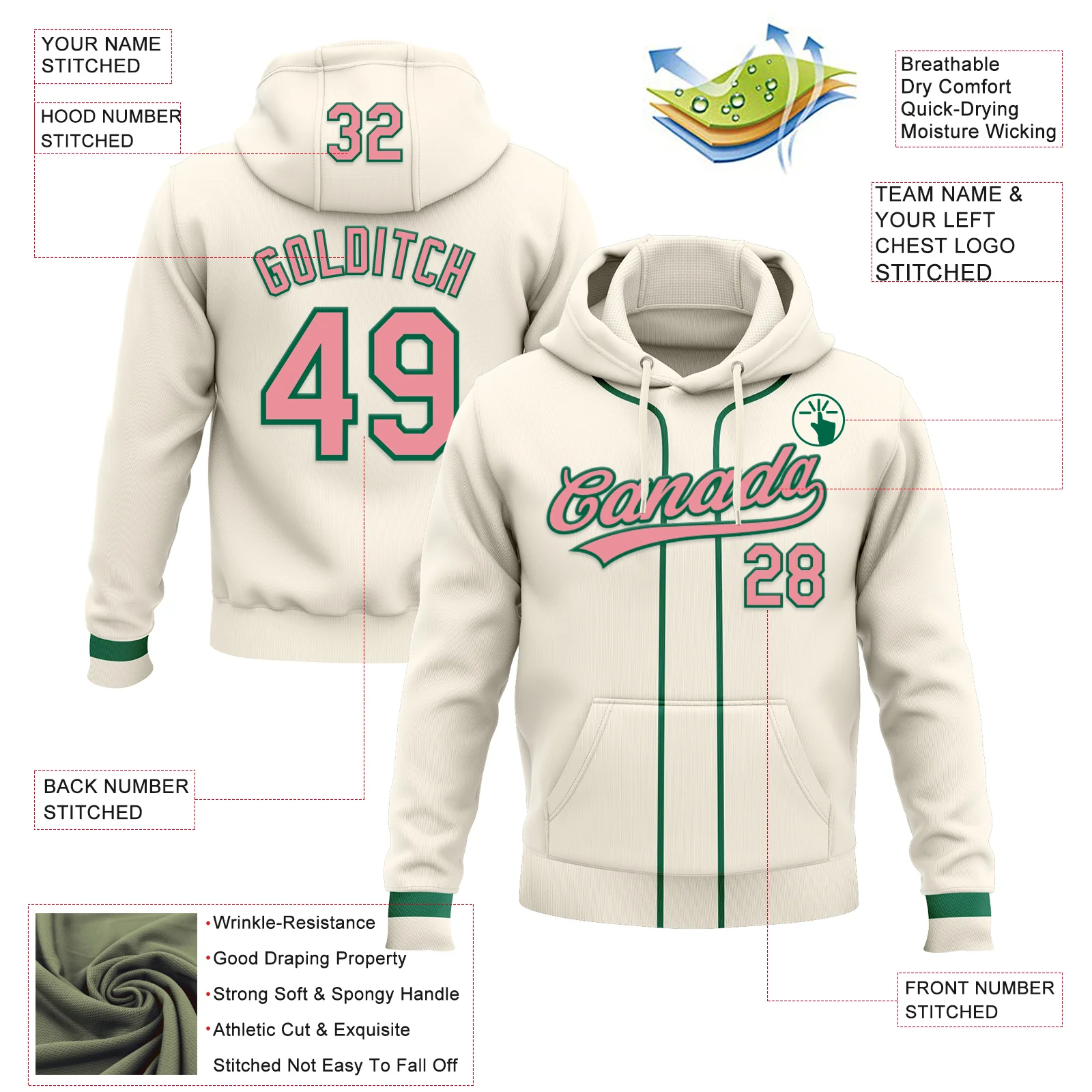 Custom Stitched Cream Medium Pink-Kelly Green Baseball Pullover Sweatshirt Hoodie