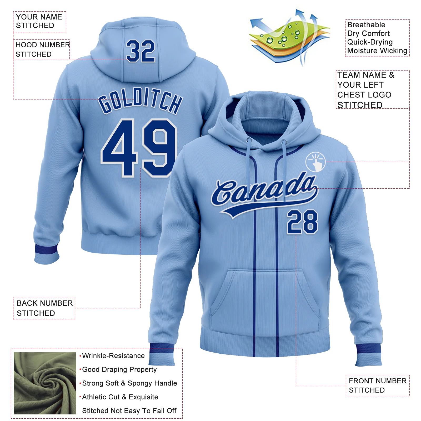 Custom Stitched Light Blue Royal-White Baseball Pullover Sweatshirt Hoodie