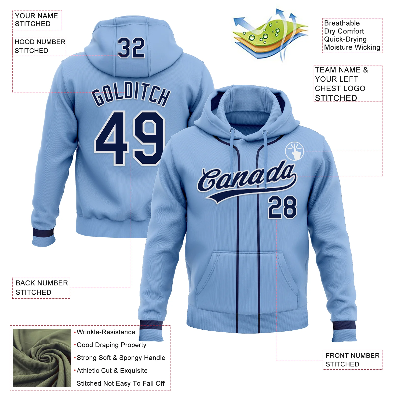 Custom Stitched Light Blue Navy-White Baseball Pullover Sweatshirt Hoodie