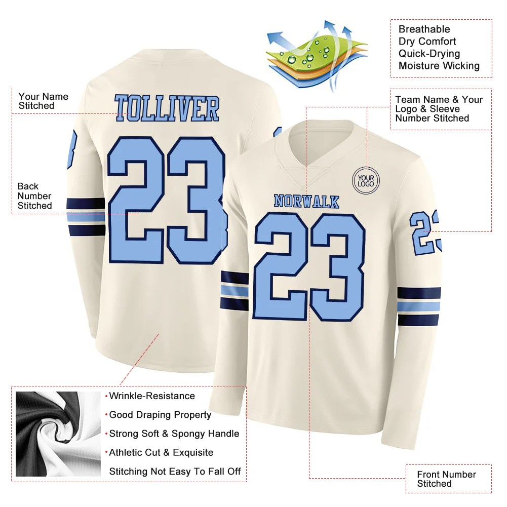 Custom Cream Light Blue-Navy Long Sleeve Authentic Football Jersey