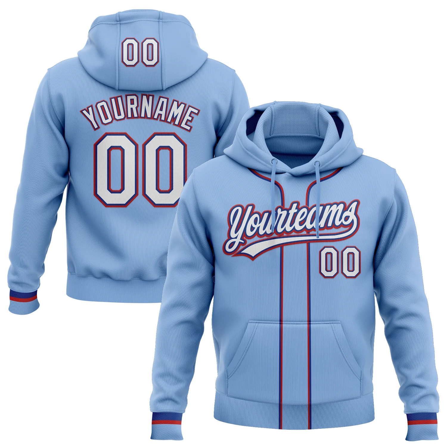 Custom Stitched Light Blue White Royal-Red Baseball Pullover Sweatshirt Hoodie