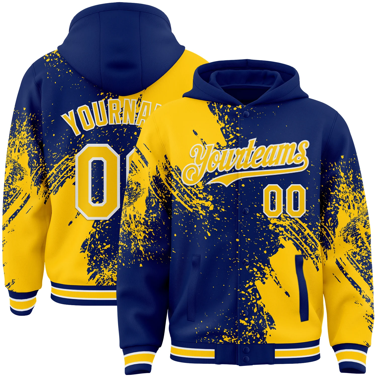 Custom Royal Yellow-White Abstract Brush Stroke 3D Pattern Design Bomber Full-Snap Varsity Letterman Hoodie Jacket