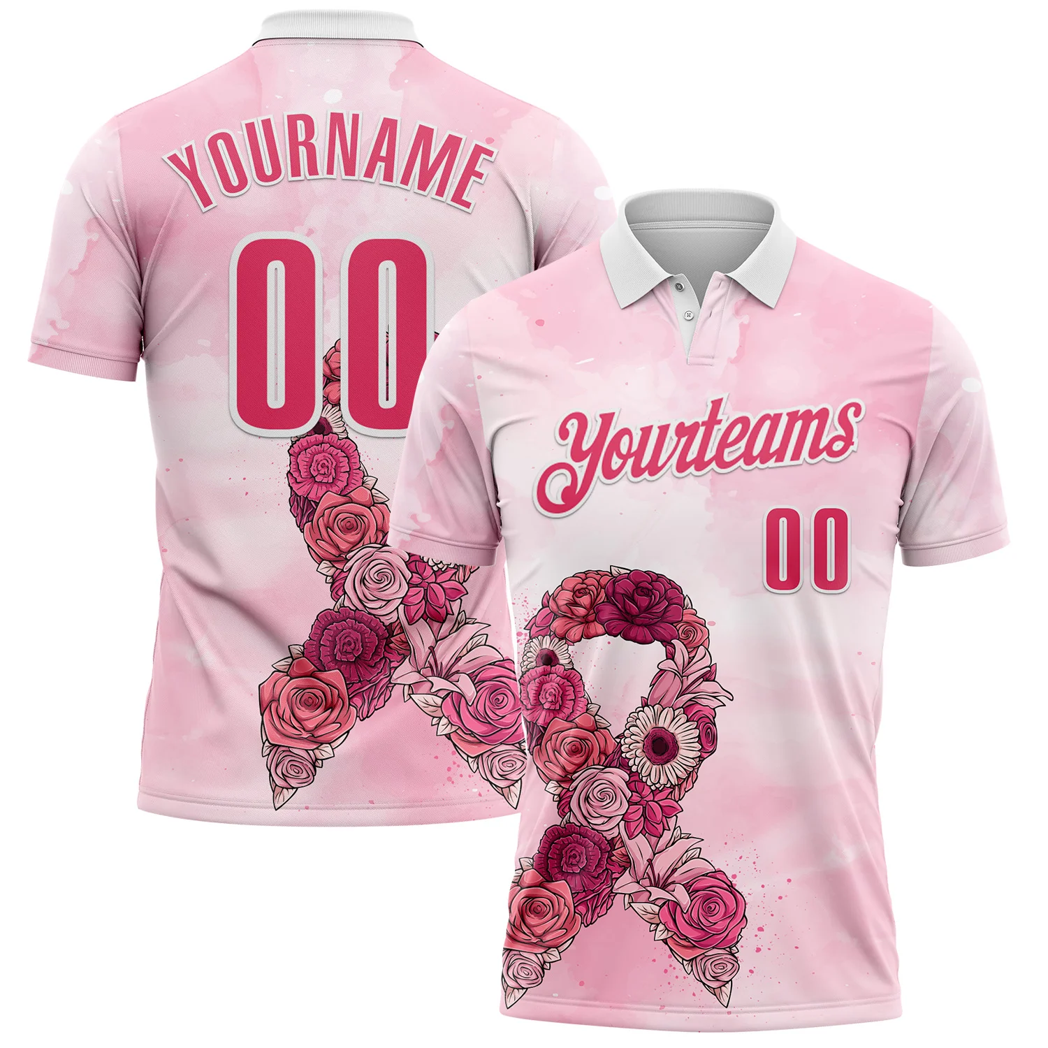 Custom White Neon Pink 3D Pink Ribbon Breast Cancer Awareness Performance Polo Shirt
