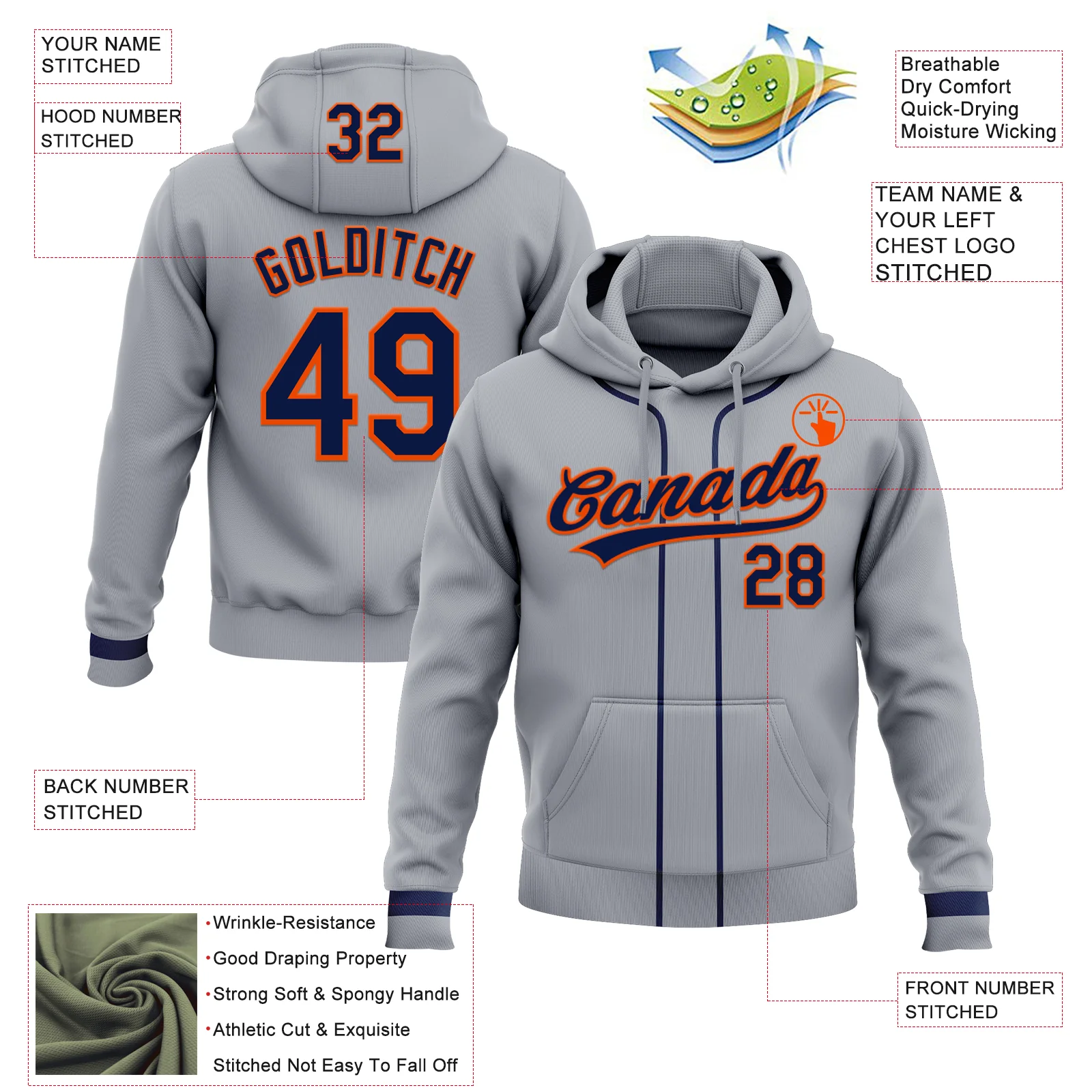 Custom Stitched Gray Navy-Orange Baseball Pullover Sweatshirt Hoodie