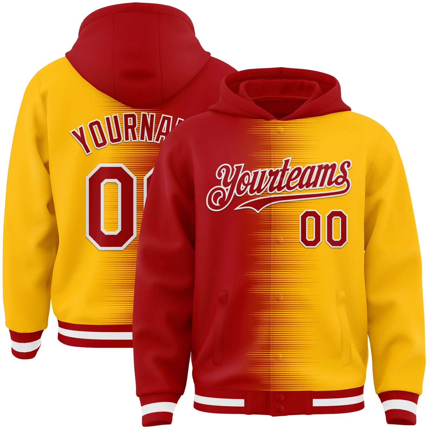 Custom Red Gold-White Gradient Line Bomber Full-Snap Varsity Letterman Hoodie Jacket