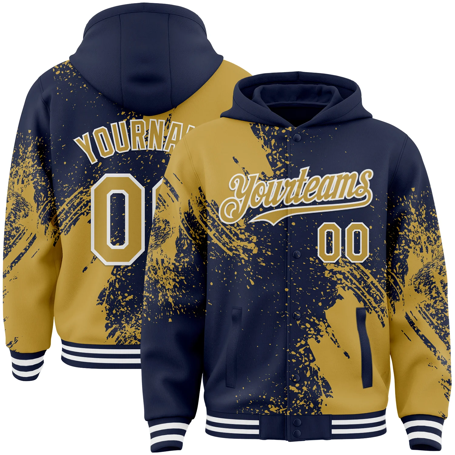 Custom Navy Old Gold-White Abstract Brush Stroke 3D Pattern Design Bomber Full-Snap Varsity Letterman Hoodie Jacket