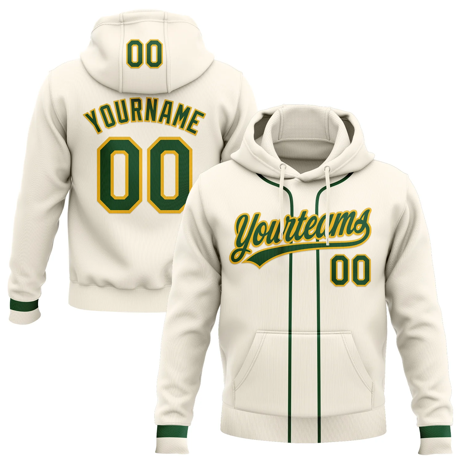 Custom Stitched Cream Green-Gold Baseball Pullover Sweatshirt Hoodie