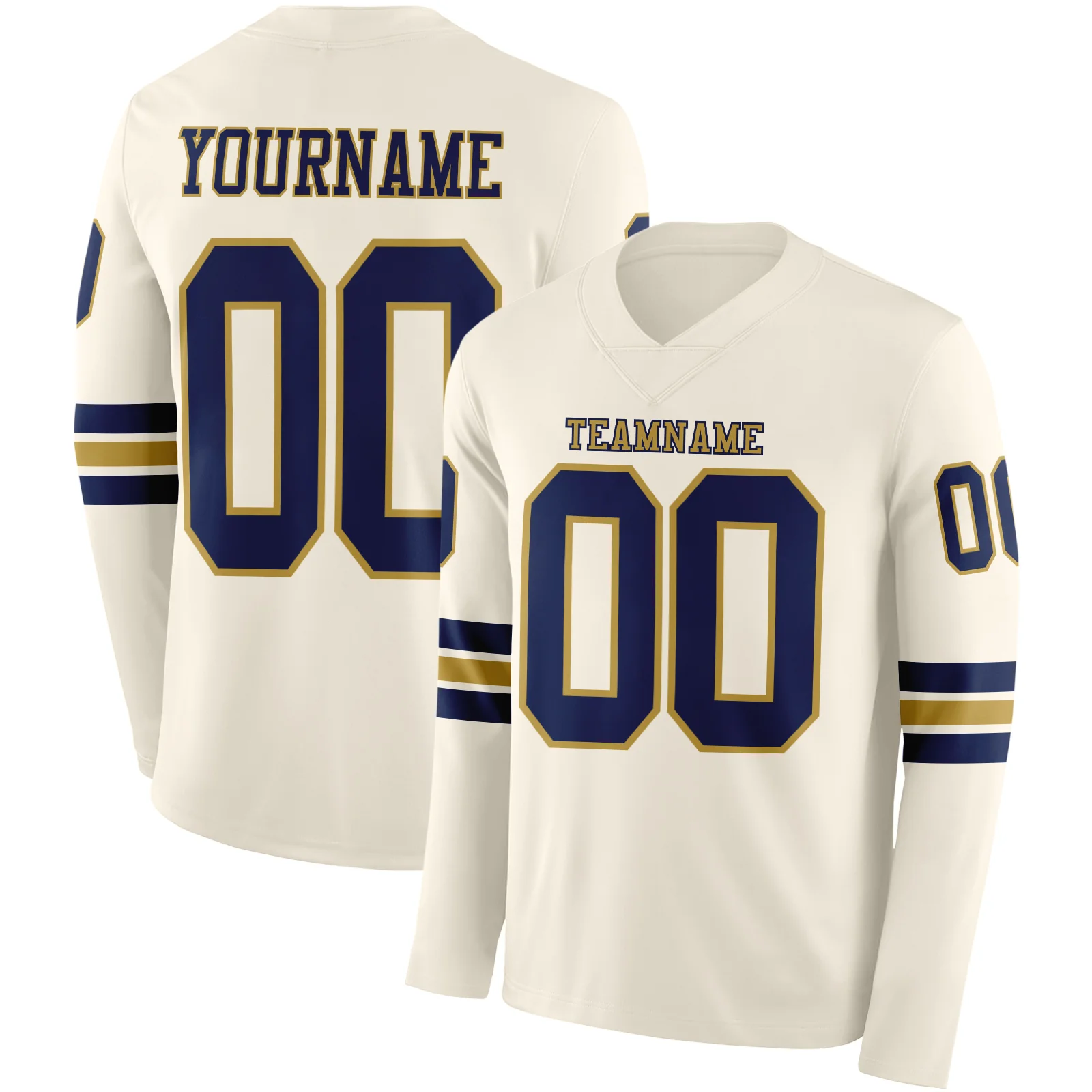 Custom Cream Navy-Old Gold Long Sleeve Authentic Football Jersey