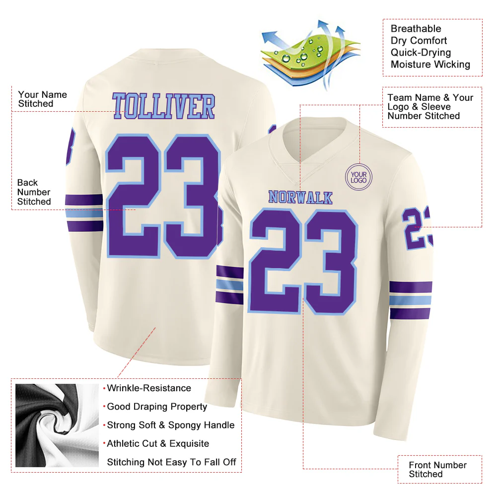 Custom Cream Purple-Light Blue Long Sleeve Authentic Football Jersey