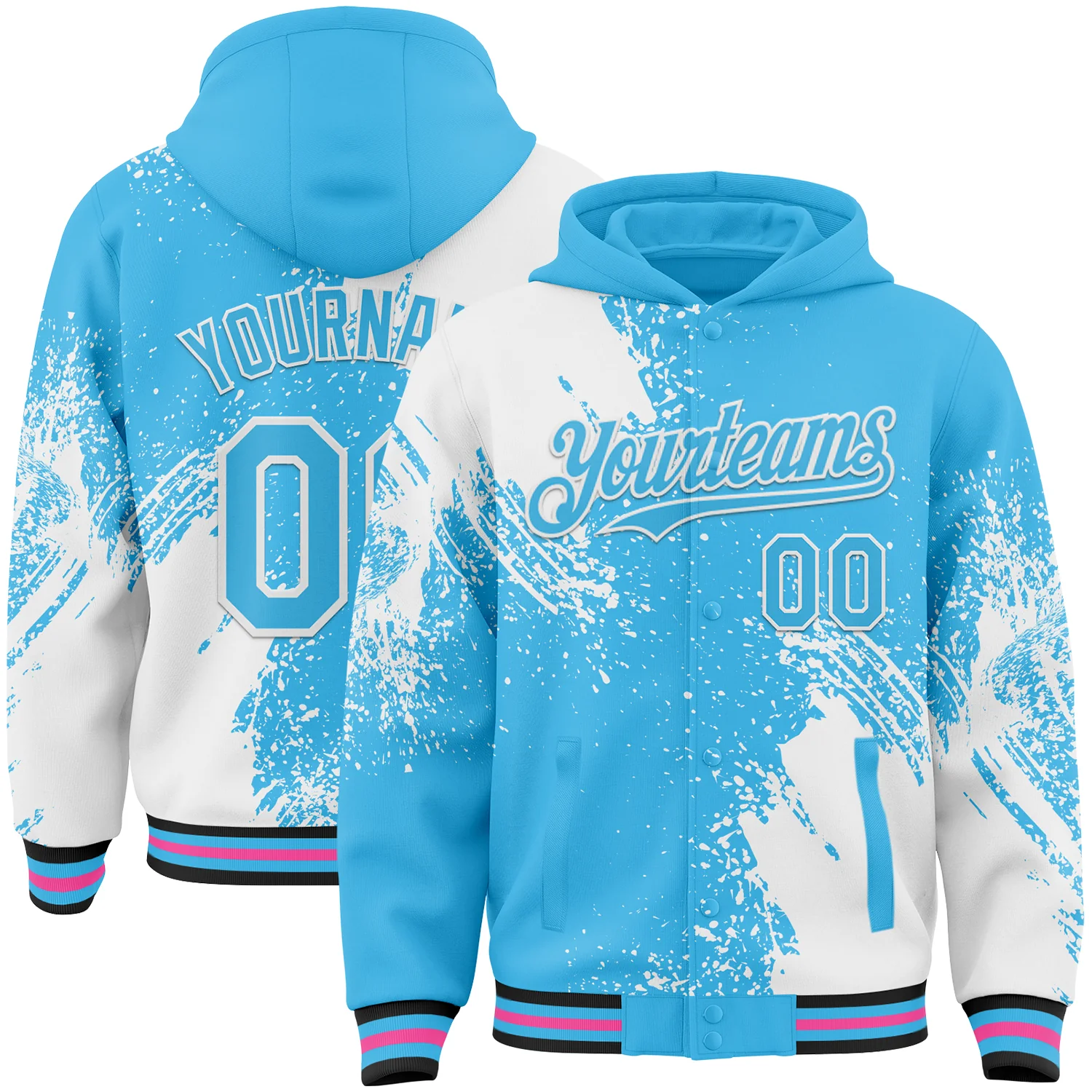 Custom Sky Blue White Black-Pink Abstract Brush Stroke 3D Pattern Design Bomber Full-Snap Varsity Letterman Hoodie Jacket