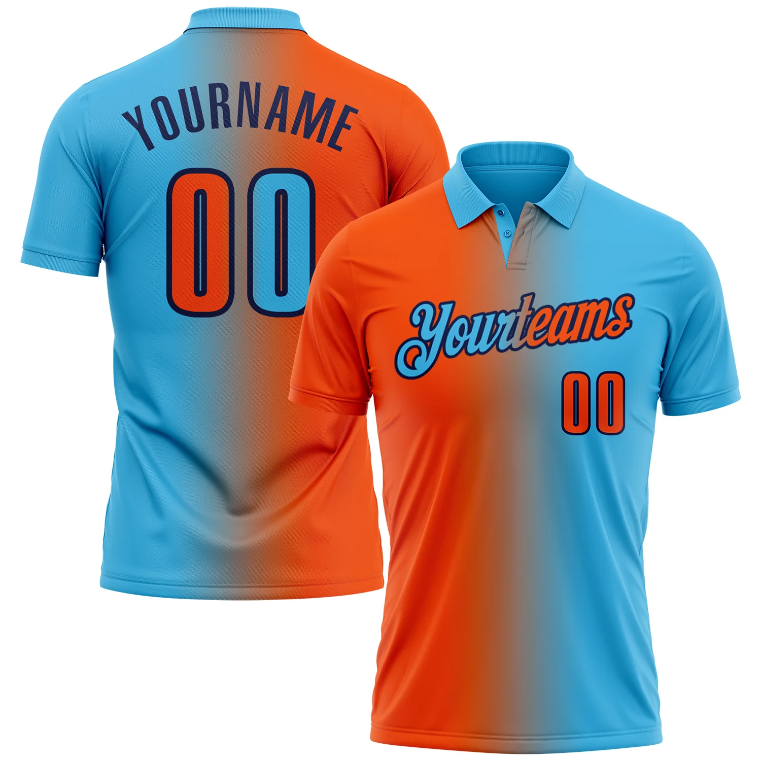 Custom Sky Blue Orange-Navy 3D Gradient Fashion Performance Polo Shirt