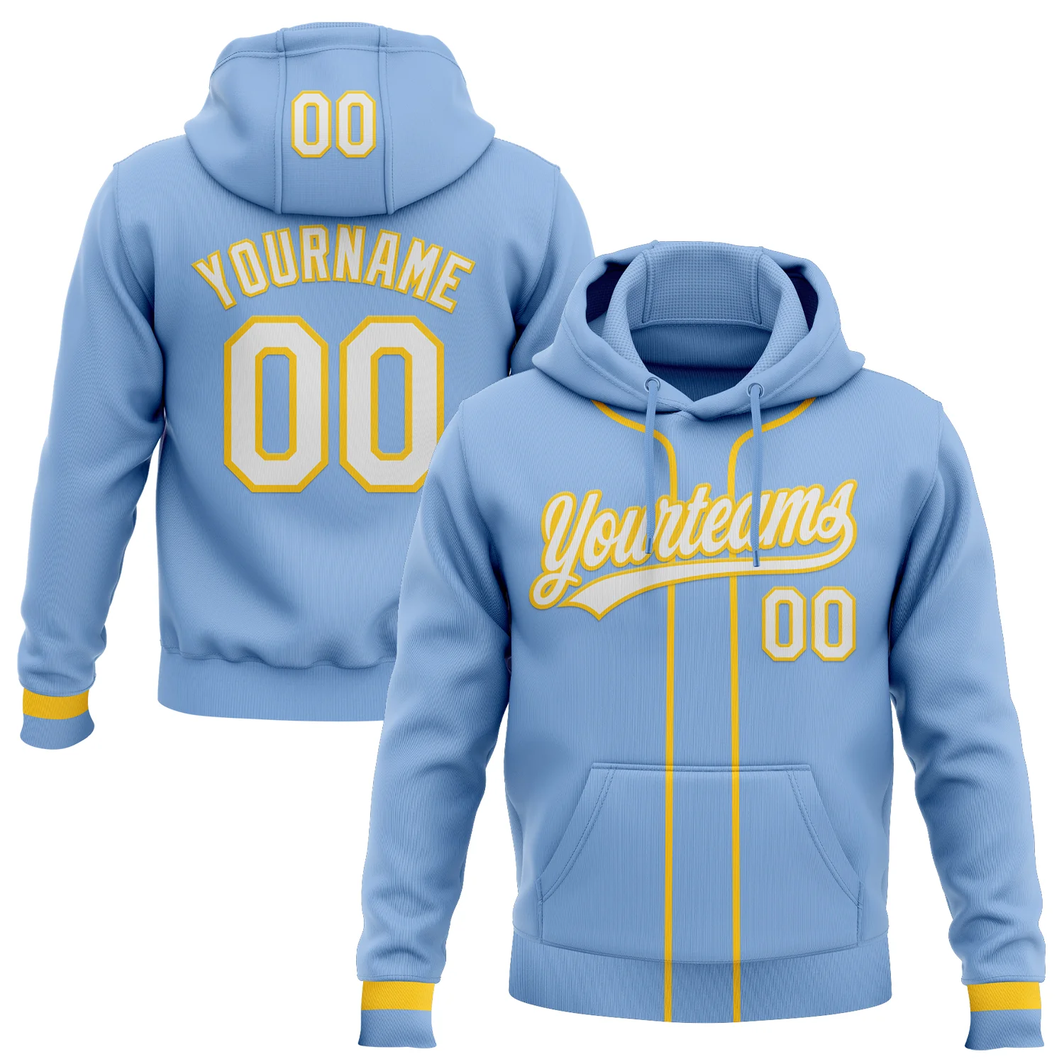 Custom Stitched Light Blue White-Yellow Baseball Pullover Sweatshirt Hoodie